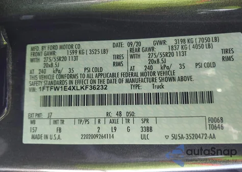 2020 Ford F-150 Xlt z USA, uszkodzony, nr VIN 1FTFW1E4XLKF36232